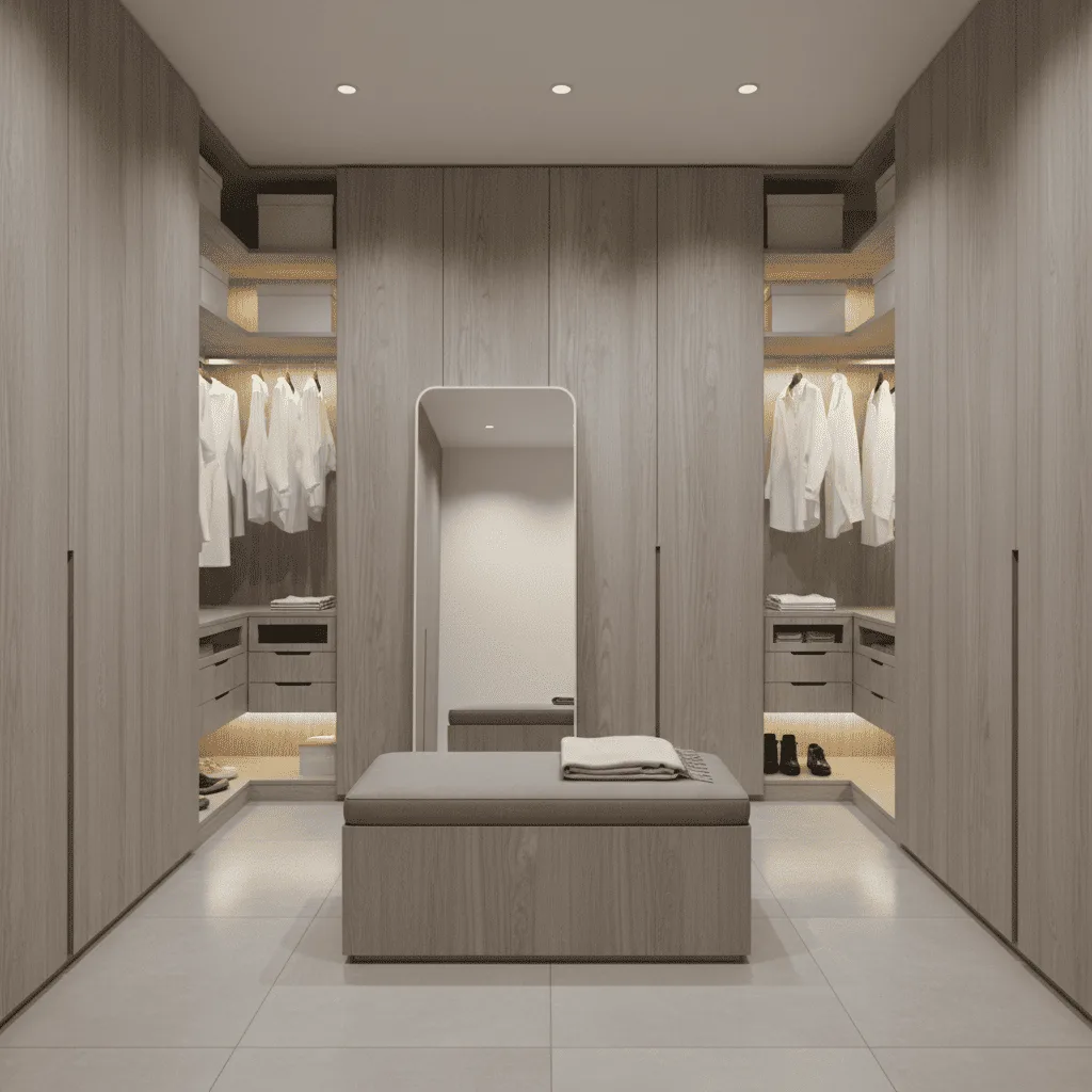 Modern walk-in closet with light wood cabinetry, a central upholstered ottoman, and white shirts hanging in open sections.