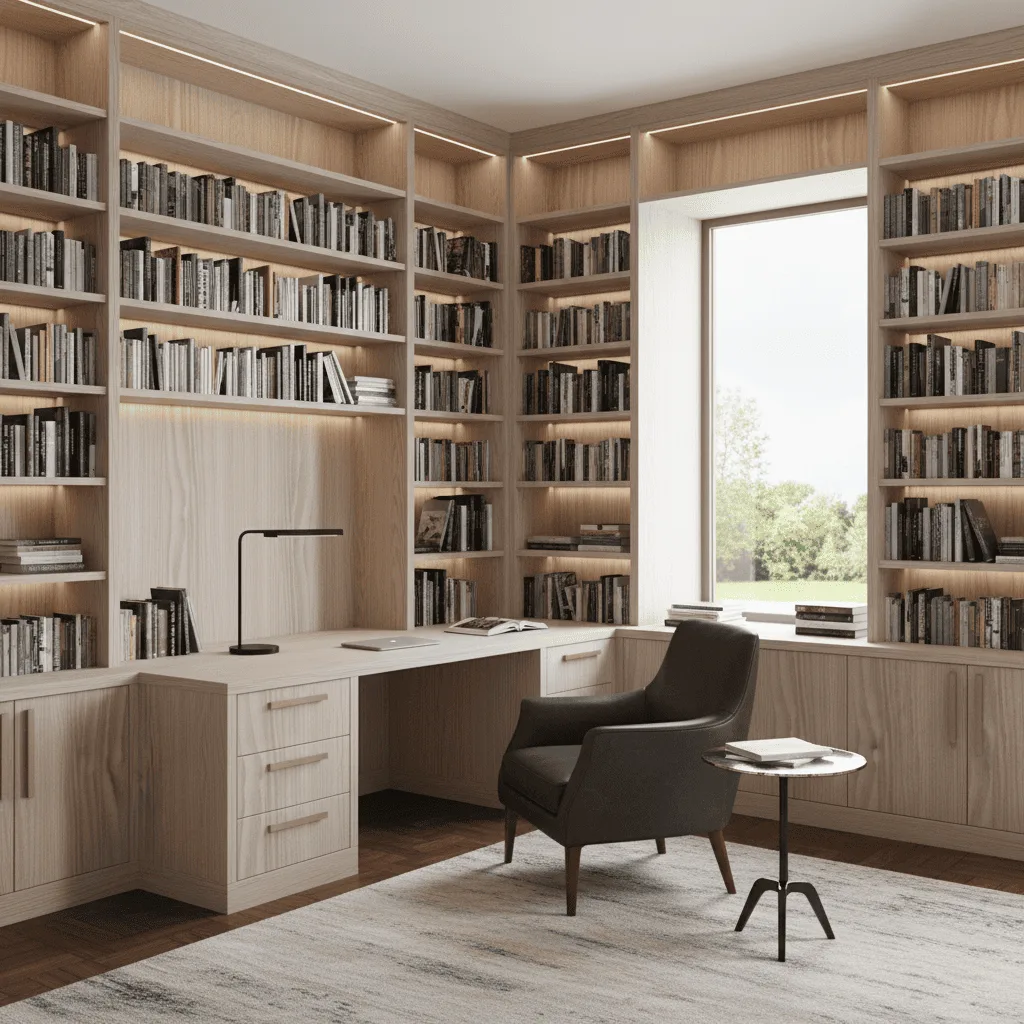 Modern home office with light wood built-in bookshelves, a desk, and a dark grey armchair.