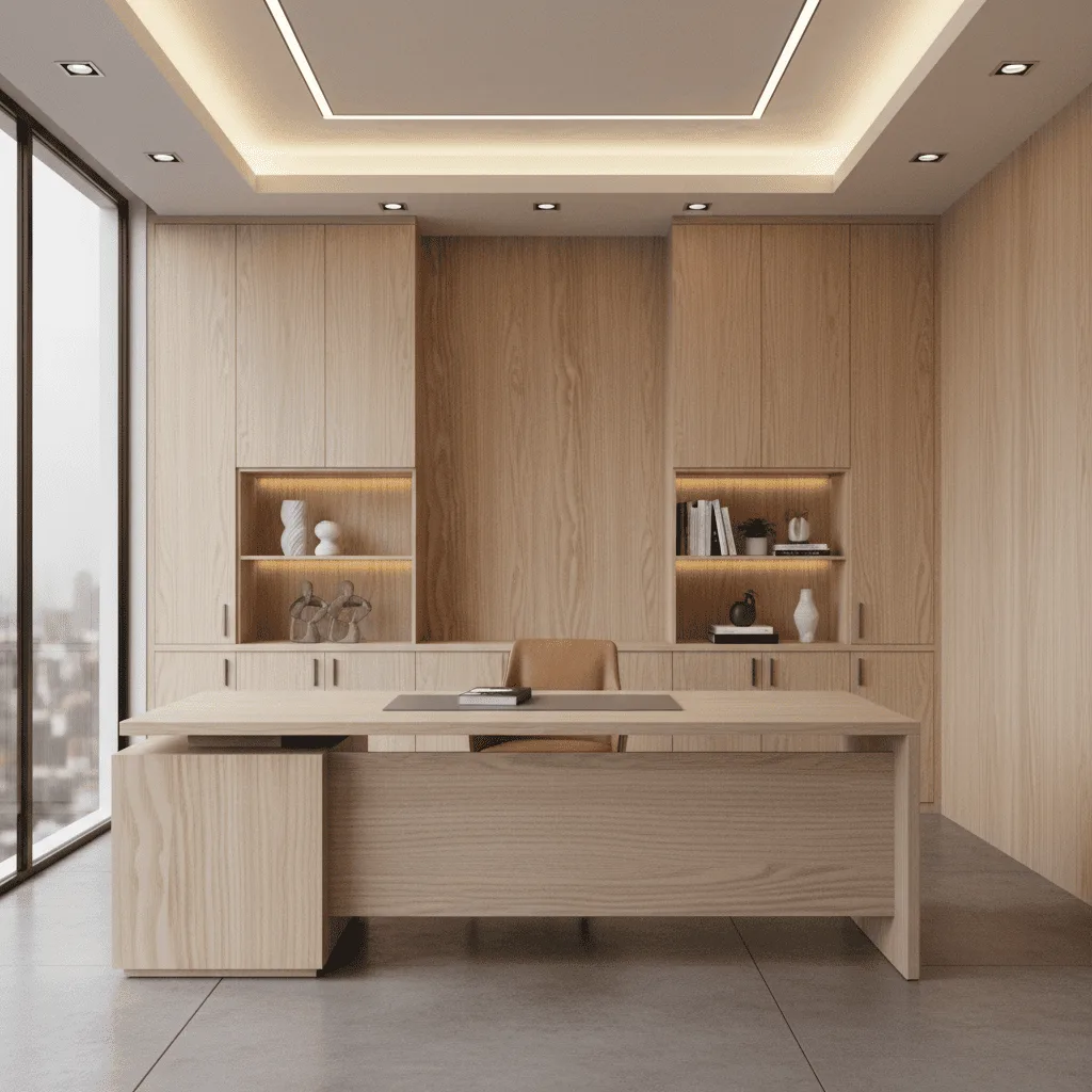 Modern light wood office with a large desk, built-in shelving, and recessed ceiling lighting.