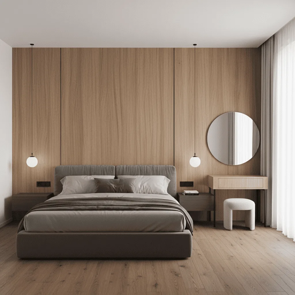 Modern bedroom with a grey upholstered bed, light wood paneled walls, and two hanging globe lights.