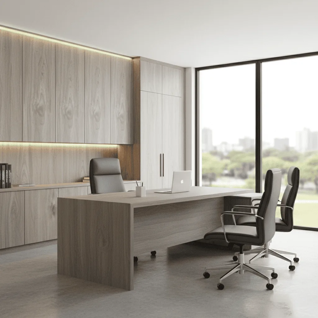 Modern minimalist office with a wood desk, black leather chairs, and integrated wall cabinetry.