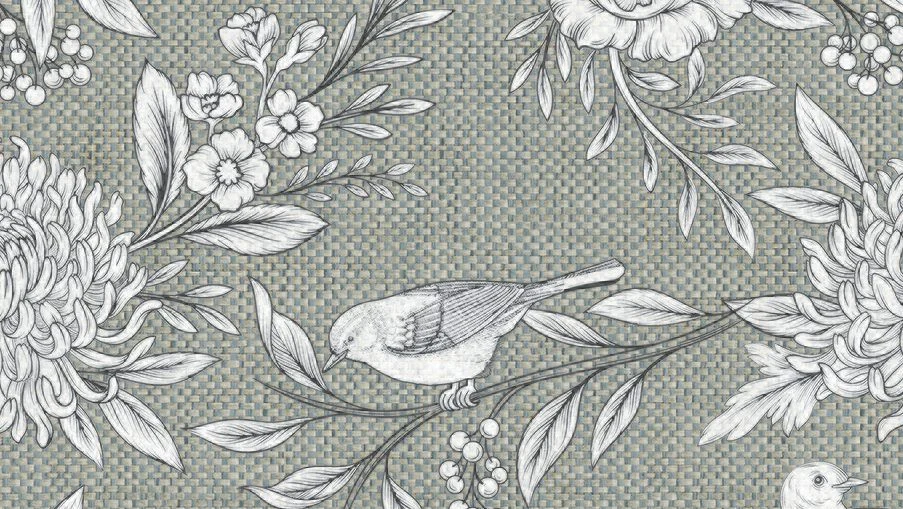 White line art of a bird perched on a branch among flowers and berries on a textured gray background.