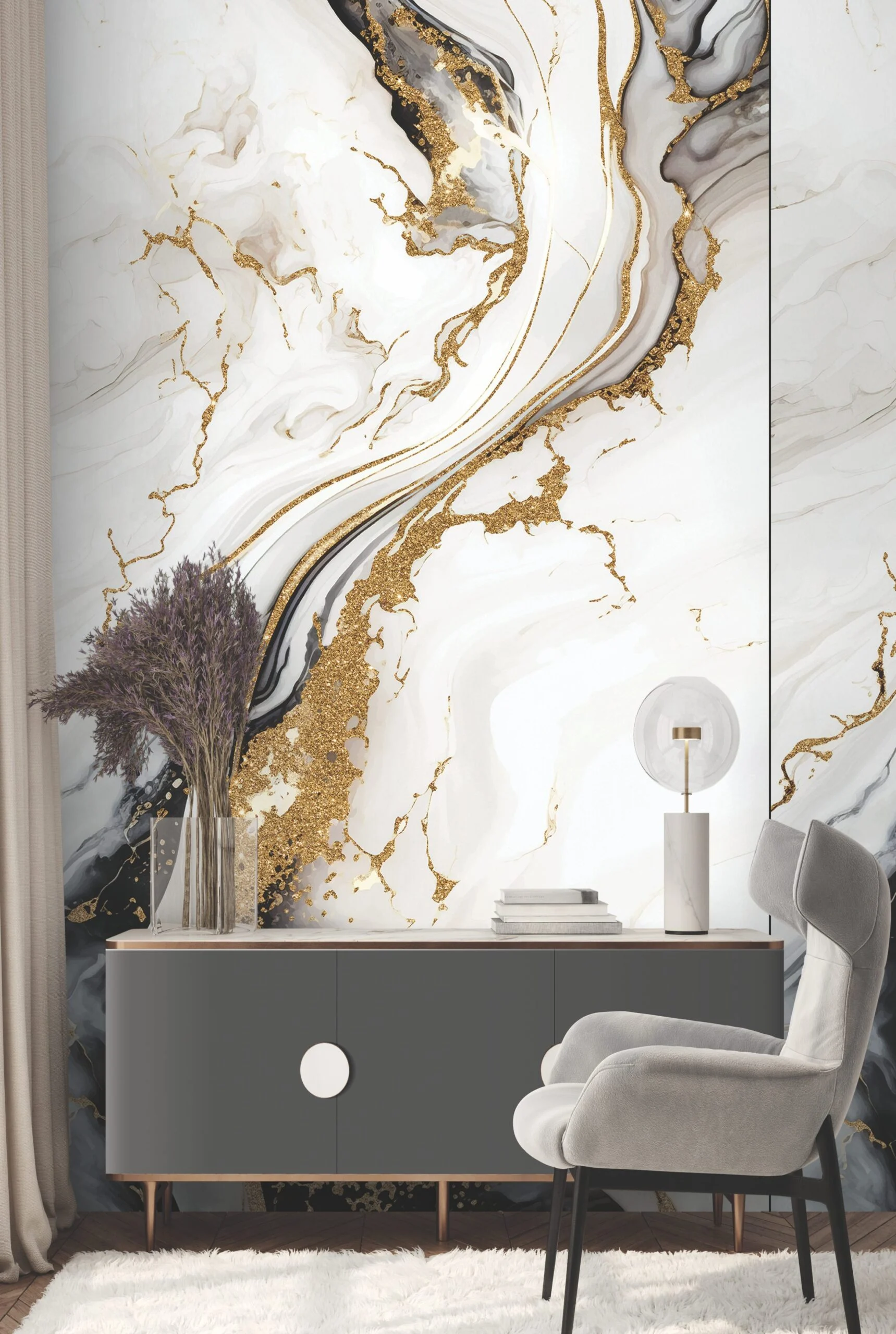 Modern living room with marble-effect wallpaper featuring gold veins, a grey sideboard, and a light grey chair.