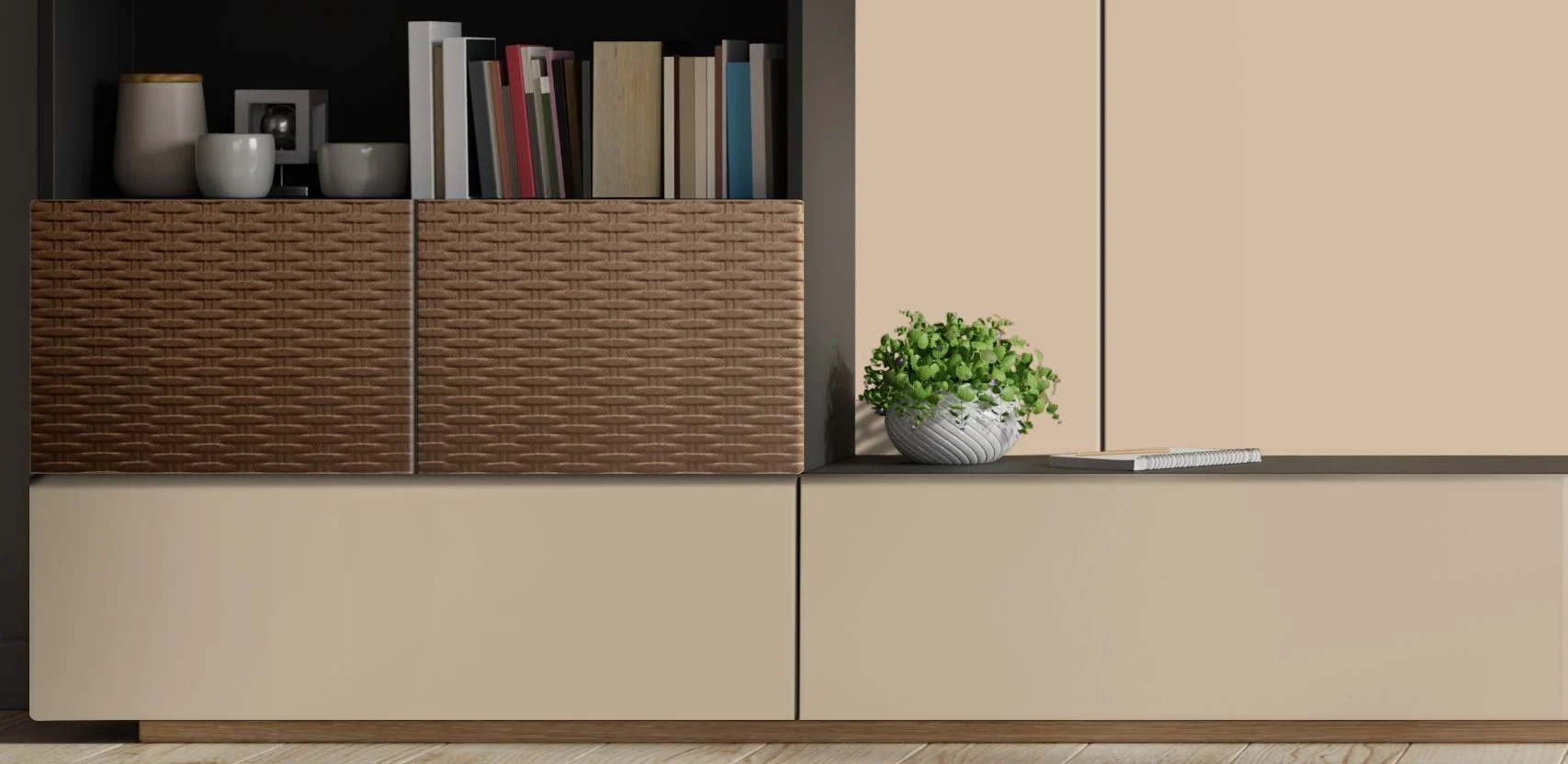 Modern beige and brown furniture with books, ceramics, and a small green plant in a white pot.