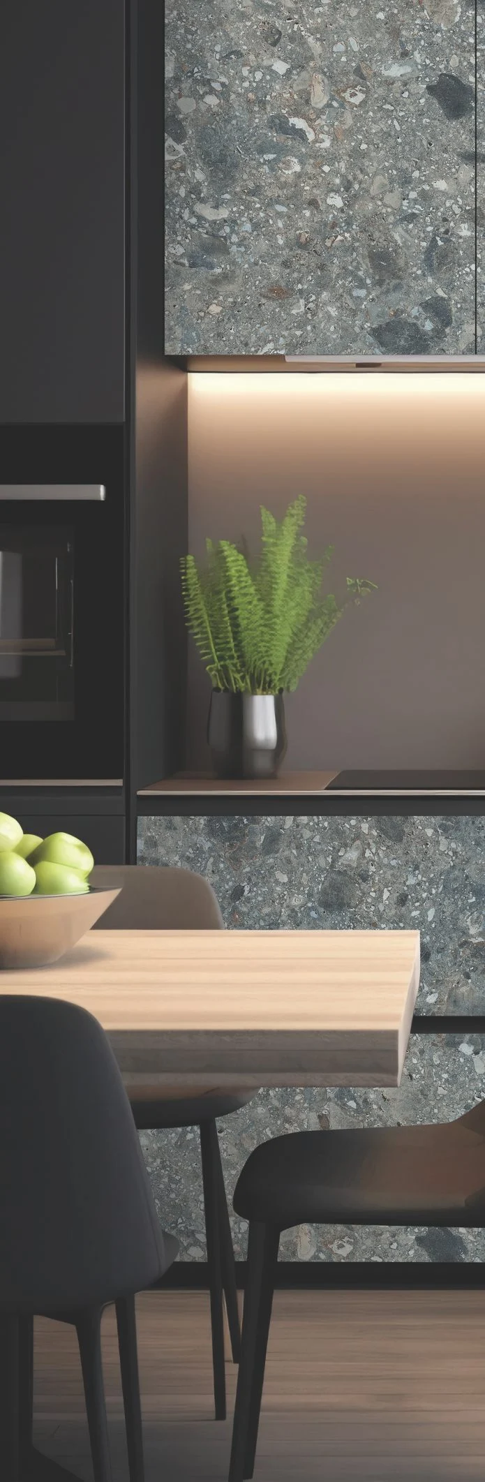 Modern kitchen with a light wood table, black chairs, and a potted fern on the counter.