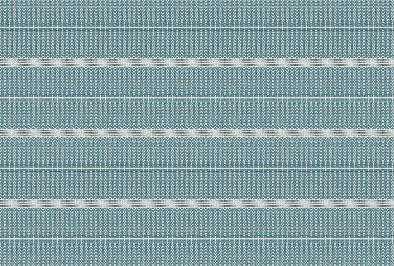 Blue and white woven fabric with horizontal stripes and a repeating V-shaped pattern.