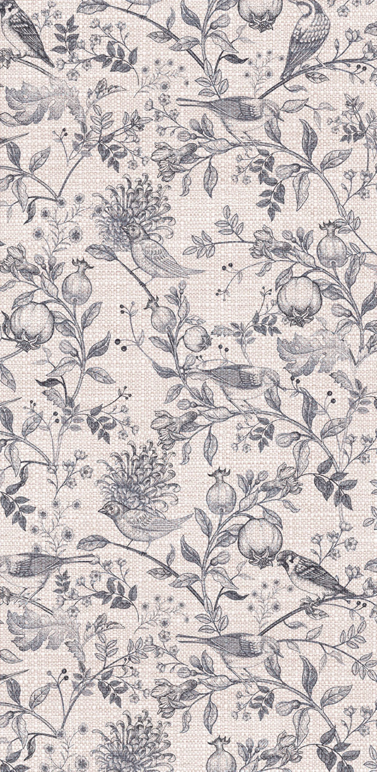 Blue-grey botanical illustration of birds perched on branches with pomegranates and flowers.