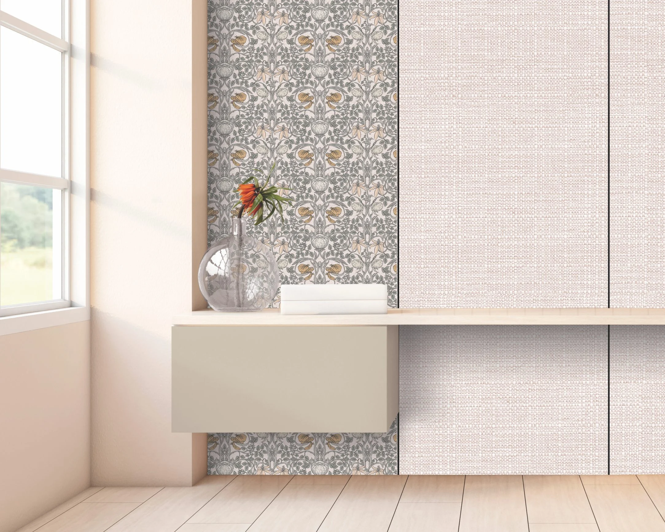 A floating shelf with a glass vase and folded towels against a wall with mixed patterned and textured wallpaper.