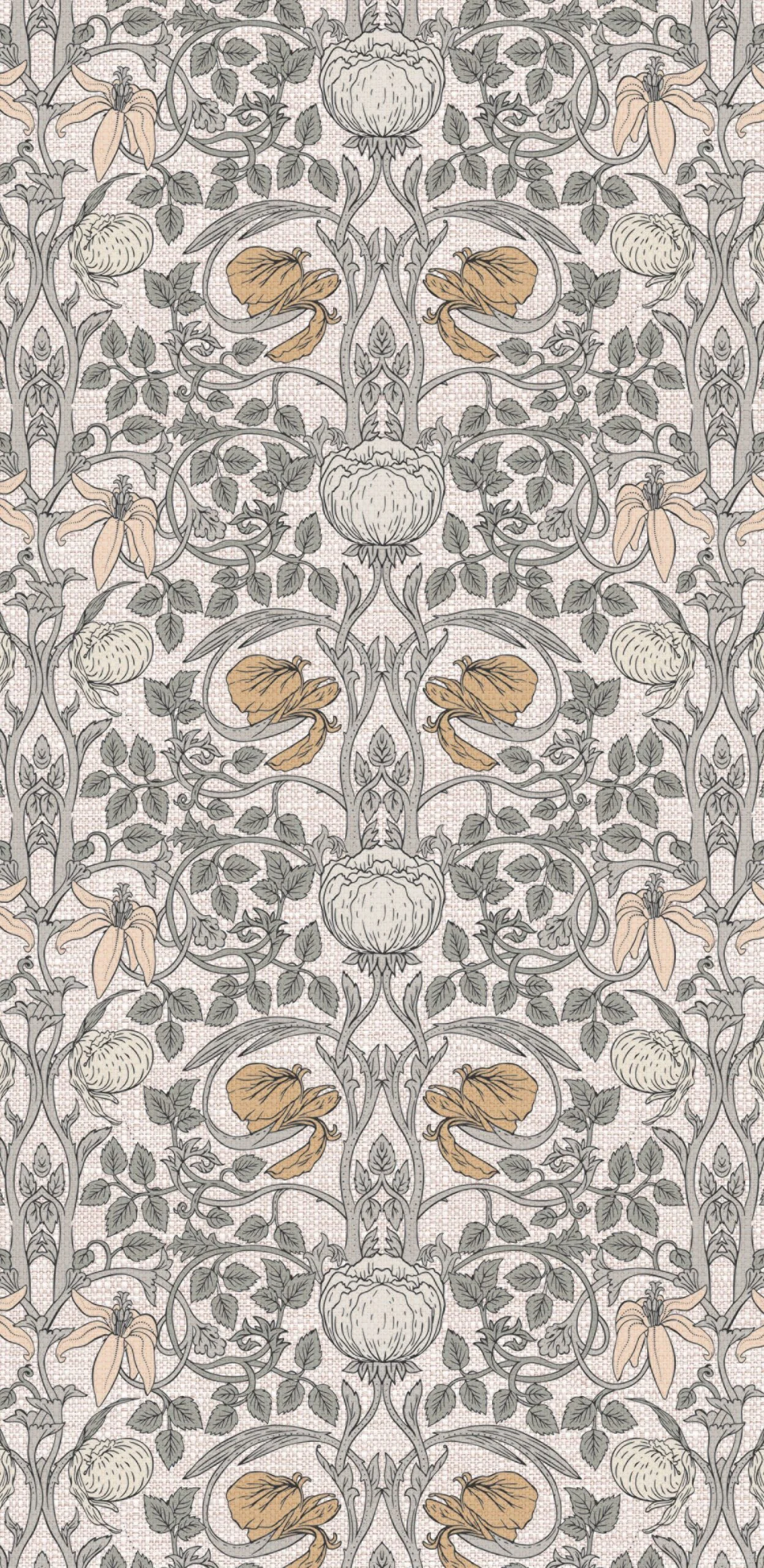 Intricate floral pattern with grey leaves, cream flowers, and ochre accents on a light background.