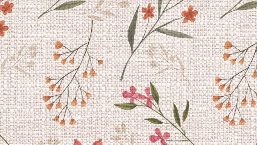 Floral pattern with red and orange flowers on a beige linen texture background.