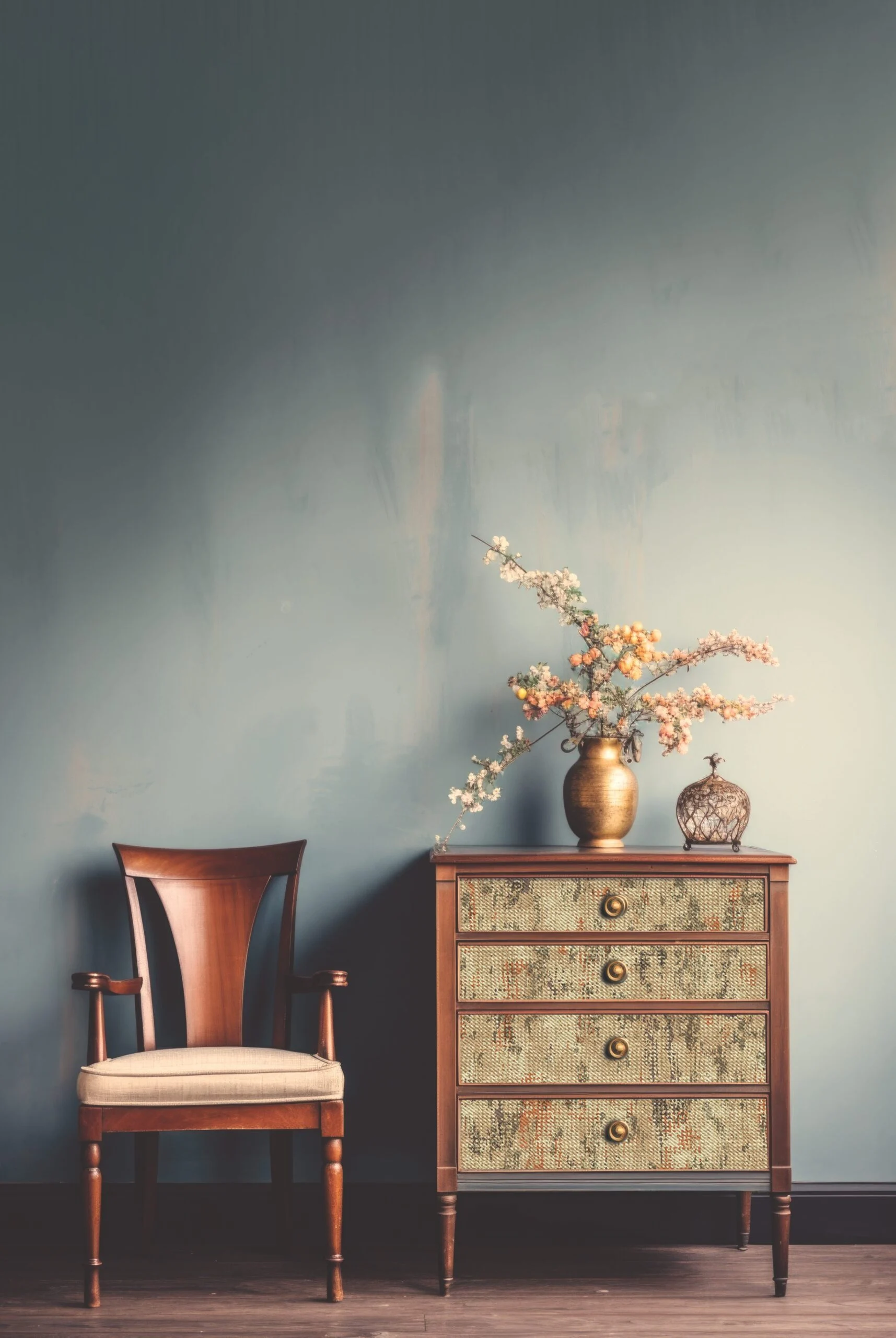 Wooden chair and a chest of drawers with a floral vase and decorative object against a muted blue wall.