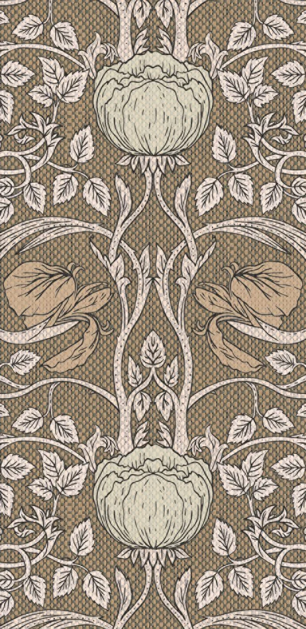 Symmetrical floral pattern with pale green peonies and cream leaves on a brown textured background.